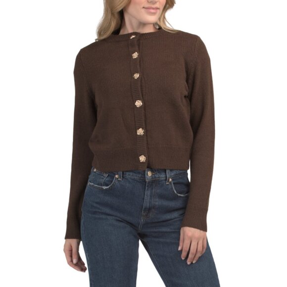 MARLED Chicory Coffee Wool Blend Button Up Cardigan With Flower Buttons - Picture 1 of 2